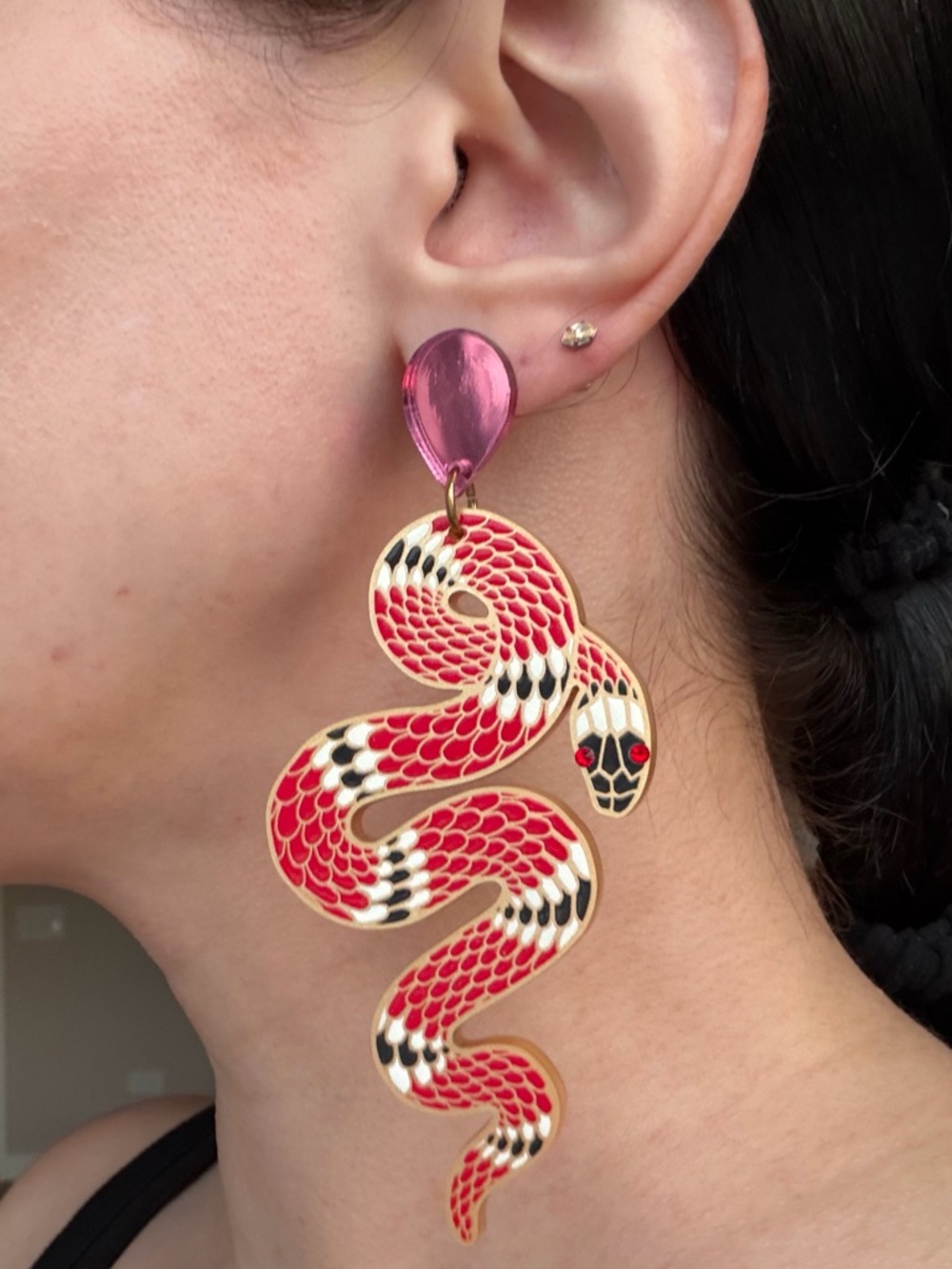 Large Red & White Enamel Snake Drop Earrings - Statement Jewelry